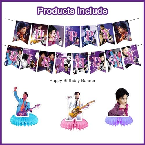 Prince Singer Party Decorations, Rock Singer Theme Birthday Banner Honeycomb Centerpieces Hanging Swirls Party Latex Balloons for Fans Birthday Baby Shower Party Supplies - Image 2