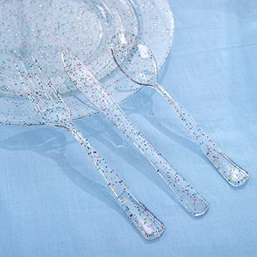 Rubtlamp 180PCS Glitter Plastic Plates with Glitter Disposable Silverware, Clear Glitter Plates for 30 Guests Include 30Dinner Platos, 30Dessert Platos, 90Cutlerys, 30Cups for Party (Pack of 2) - Image 3