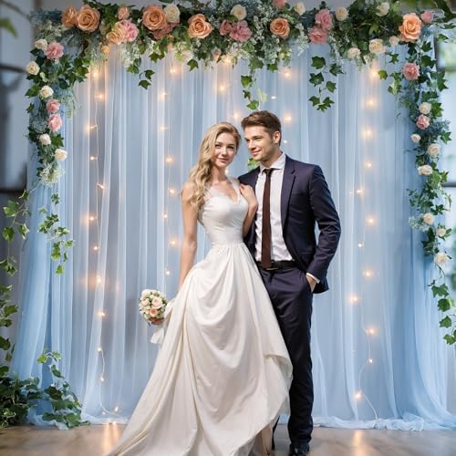 10x8ft Baby Blue Tulle Backdrop Curtain with Lights String for Parites, Sheer Photo Backdrop Curtains for Wedding Baby Shower Baby Boy Shower Birthday Party Photo Shoot Background Decorations - Image 7