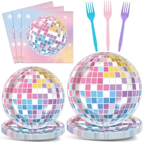 96Pcs Disco Ball Party Decorations Singer Plates and Napkins Colorful Disco Ball Dessert Plates Music Themed Birthday Tableware for 24 Guests Music Lover Birthday Wedding Anniversary Party Supplies by CHUNNIN