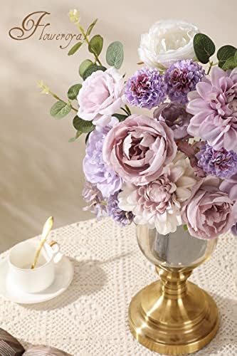 Floweroyal Artificial Flowers Combo Purple Flowers Mix Silk Flowers Dahlia Roses with Stems for DIY Wedding Bridal Bouquets, Baby Shower, Floral Arrangement, Table Centerpieces, Home Decorations. - Image 5