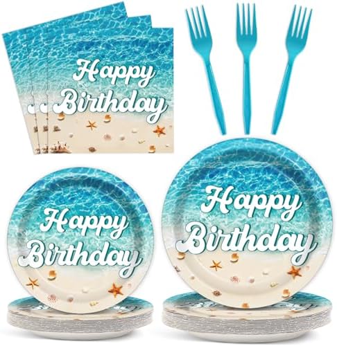 CHUNNIN 96Pcs Beach Happy Birthday Plates and Napkins Ocean Waves Ocean Seashell Party Decorations Beach Themed Party Dessert Plates Summer Pool Tableware for 24 Guests Hawaiian Supplies by CHUNNIN