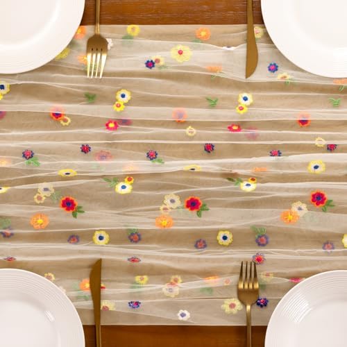 Flower Table Runner Fall Daisy Floral Tulle Cheesecloth Wedding Decor - Image 5