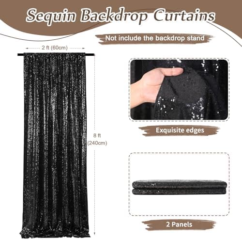 Black Backdrop Curtains for Parties 2 Panels 2ftx8ft Sequin Birthday Backdrop Seamless Photography Background Halloween Decoration - Image 4