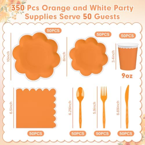 350 Pcs Fall Orange and White Paper Plates and Napkins Set, Serve 50 Guests - Image 2