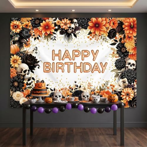INRUI Halloween Gothic Skull Happy Birthday Backdrop 7x5FT - Image 3