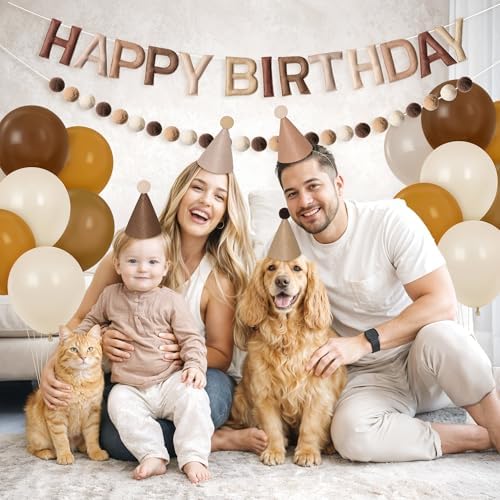 Kriyokiaa Retro Brown Happy Birthday Banner Set with Party Hats - Image 2