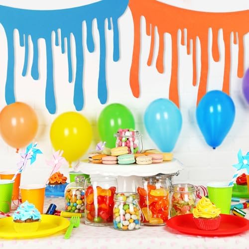 6 Pcs Art Party Table Skirt for Back to School Classroom Paint Party Decor 40 x 28 Inch Rainbow Paint Splatter DIY Back to School with Double Sided Tape for Cartoon Happy Birthday Supplies - Image 4