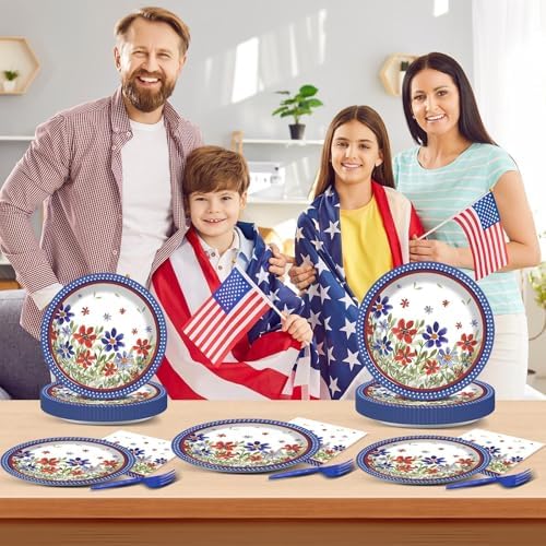 96Pcs American 4th of July Independence Party Plates and Napkins Patriotic Party Decorations Memorial Days Dessert Plates Poppy Flower Tableware for 24 Guests Labor Veterans Days Party Supplies - Image 5