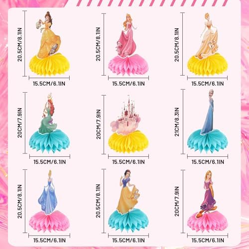 9 PCS Princess Centerpieces for Tables, Princess Birthday Party Decorations, Double-Sided Honeycomb Party Table Topper Decor - Image 2