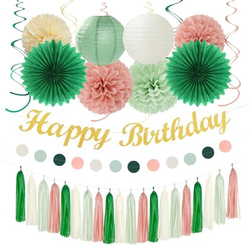 Olive Sage-Green Beige Happy-Birthday Party-Decorations - 31pcs Women Girls Adults Paper Lanterns Streamers Banner,Tissue Pom Poms Decor,Flower Fans Tassels Graland Boho Neutral Supplies Hugmoon by PartyDecorations