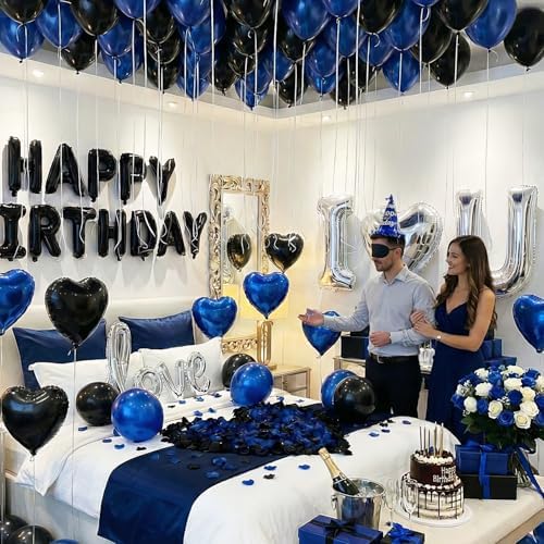Blue Black Silver Balloons with I LOVE YOU & HAPPY BIRTHDAY Foil Balloons & Rose Petals for Romantic Special Night, Anniversary, Valentine Day, Birthday Decorations for Him, Bedroom, Hotel Room - Image 4