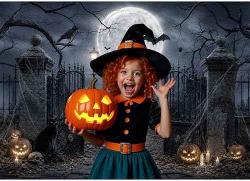 9 x 6 ft Halloween Backdrop Spooky Graveyard Cemetery Full Moon Pumpkin Black Cat Skull Photography Background, Horror Fall Party Decor Photo Booth Props, Kids Birthday Studio Wall Decor Banner - Image 2
