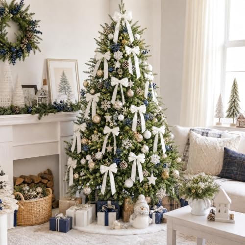 12Pcs White Velvet Ribbon Bows Christmas Tree Decorations,5in x 10in Xmas Ornaments for Tree Home Party Front Door Wreath Garland Holiday Decor - Image 4