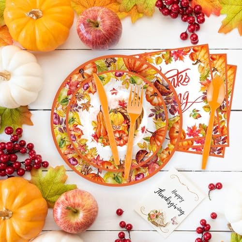 175 Pcs Thanksgiving Tableware Set - Serves 25, Harvest-Themed Disposable Plates, Cups, Napkins, Plastic Forks, Spoons, Knives for Thanksgiving Day Dinner, Fall Party Supplies, Autumn Gatherings - Image 4