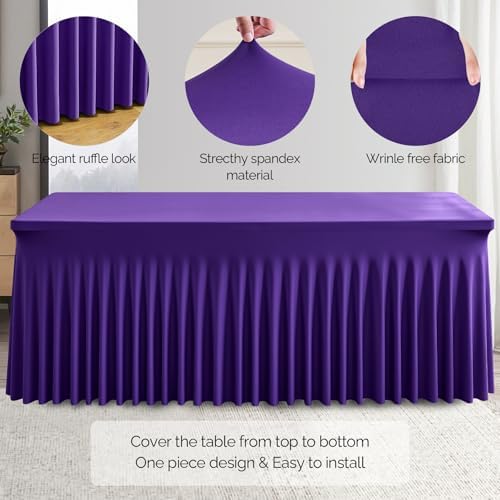 Wish Care 6 Pack Dark Purple Spandex Table Clothes for 6 Foot Rectangle Tables, 6FT Wrinkle Free Fitted Tablecloths Ruffles Design Table Cover for Party, Banquet, Wedding and Events - Image 2