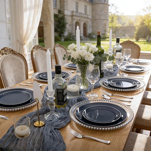 KIRE 200PCS Blue Plastic Plates with Silver Rim - Navy Blue Plastic Plates Include 100 Dinner & Dessert Plate - Heavy Duty Dark Blue Disposable Plate for Wedding/Parties/Christmas/Hanukkah - Image 6