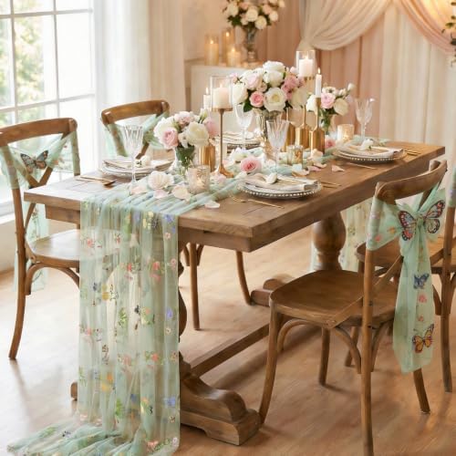 Floral Gauze Table Runner Green 10ft Embroidery Tulle Spring Wildflower - Image 2