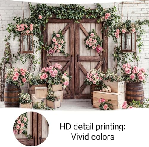 6x6ft Country Wedding Photography Backdrop Floral Rustic Roses Farmhouse Wooden Door Backdrop Pink Flower Birthday Baby Shower Wedding Bridal Party Banner Photo Booth Props Anniversary Background - Image 7