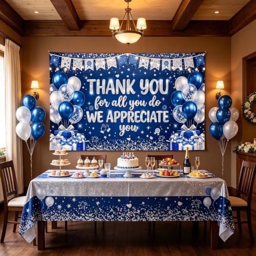 Appreciate You Banner Decorations, Blue Silver Thank You for All You Do Backdrop Banner, Reusable Anti-Tear Fabric Background with 6-Meter Hanging Rope, Office Employee Staff Teacher Appreciation Party Supplies 71x43Inch - Image 7