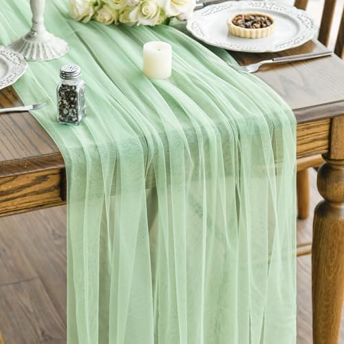 Artoid Mode 3PCS Light Green Gauze Table Runner 120 Inch 10FT, Seasonal Sheer Kitchen Dining Holiday Wedding Birthday Baby Shower Table Decor for Home Party by ArtoidMode