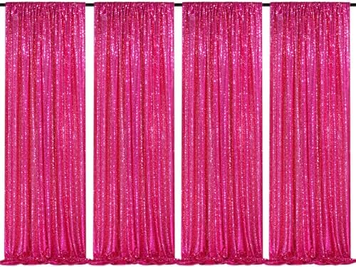 Fuchsia Sequin Backdrop Drapes 4 Panels 2FTx8FT Glitter Backdrop Curtains by QueenDream