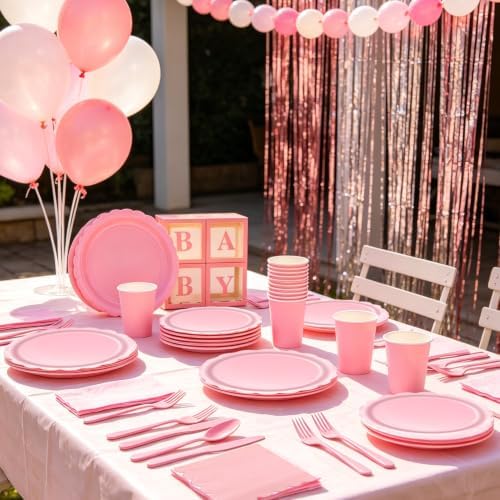 287PCS Pink Party Decorations Set, Complete 25 Guests Disposable Tableware Kit with Plates Cups Napkins Cutlery, Tablecloths, Foil Curtains, Balloon Boxes & Mixed Size Balloon Arch Kit - Image 6