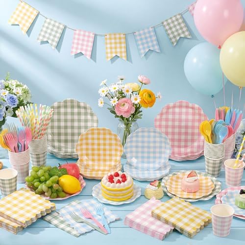 450 Pcs Gingham Tableware Set, Serve 50, Pastel - Image 6