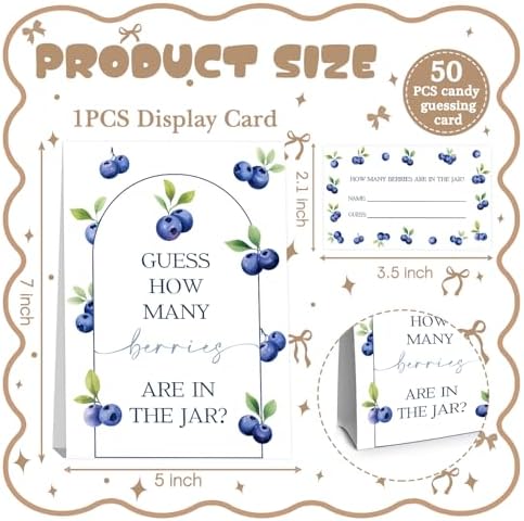 Blueberry Baby Shower Decorations,Blueberry Guess How Many Baby Shower Game,Guess How Many Berries Are in the Jar,Birthday Party Game & Activities 50 Cards and Sign - Image 2