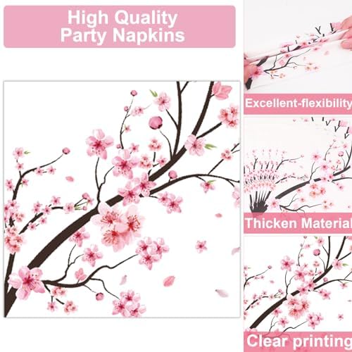 Qyeahkj 100 PCS Cherry Blossom Party Supplies Set Cherry Blossom Plates and Napkins Japanese Disposable Paper Party Tableware Forks Packs Decorations for Hibachi Spring Birthday Decoration Serve 25 - Image 3