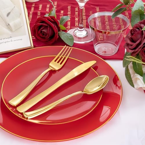 NOCCUR 350PCS Red Plastic Plates - Disposable Red Gold Dinnerware Set for 50 Guests, 100 Dinner/Dessert Plates, 150 Gold Silverware, 50 Cups&50 Napkins for Party/Wedding/Hibachi Party - Image 5