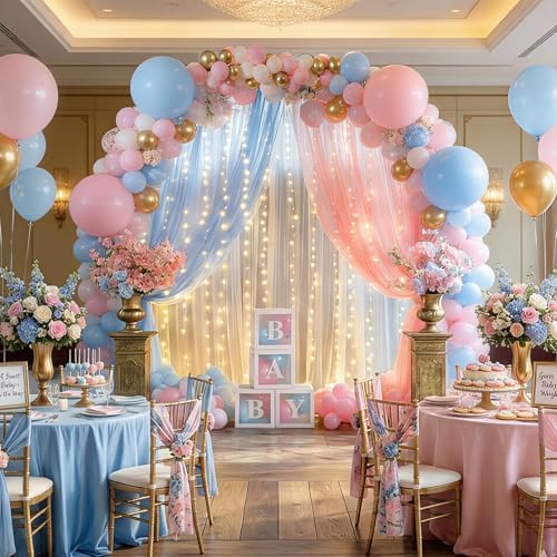 Gallety Tulle Backdrop Curtain with String Lights, 10x8ft Sheer Blue and Pink Backdrop Curtain for Photography, Gender Reveal, Twin Baby Shower, Wedding, Birthday, Baptism, Spring Decorations - Image 4