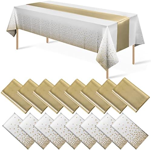 16Pack Disposable Plastic Tablecloths and Satin Table Runner Set White and Gold Dot Tablecloth Gold Satin Table Runner for Wedding Birthday Baby Shower Anniversary Christmas New Year Party Decorations by MASHAN