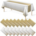16Pack Disposable Plastic Tablecloths and Satin Table Runner Set White and Gold Dot Tablecloth Gold Satin Table Runner for Wedding Birthday Baby Shower Anniversary Christmas New Year Party Decorations by MASHAN