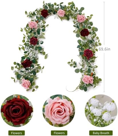 Anna's Whimsy 2PCS 5.91FT Artificial Eucalyptus Garland with Flowers, Fake Rose Gypsophila Garlands, Faux Floral Greenery Garland for Wedding Spring Home Party Table Runner Decor（Dusty Pink） - Image 2