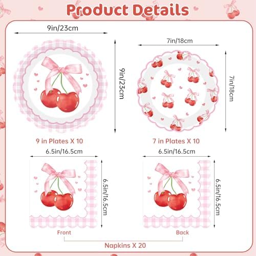 40 Pcs Cherry Birthday Decorations - Pink Bows Plates and Napkins Party Supplies, Disposable Scalloped Bowknot Paper Dinner Plates Napkins Sets for Fruits Cherry Table Party Decor Favors, Serves 20 - Image 3