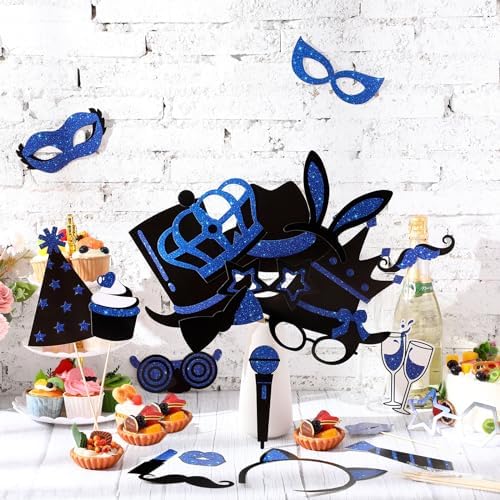 Zonon 24 Pcs Photo Booth Props Set Black Gold Birthday,Blue and Black - Image 4