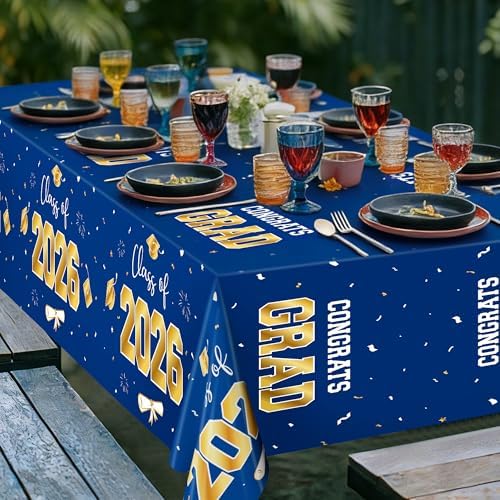 QZYL 4 Pack Graduation Decorations 2026, 54" x 108" Blue and Gold Disposable Graduation Table Cloths, Grad Party Decorations for Class of 2026, Rectangle Plastic Tablecover for College Congrats Grad - Image 3
