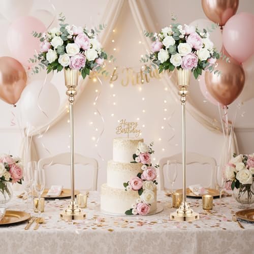 32.5inch Versatile Metal Wedding Centerpiece Vases - Set of 2 Tall Gold Trumpet Vases for Road Lead, Elegant Centerpiece Stands for Wedding Reception Party Events Anniversary (Gold, 32.5in - 2Pcs) - Image 6