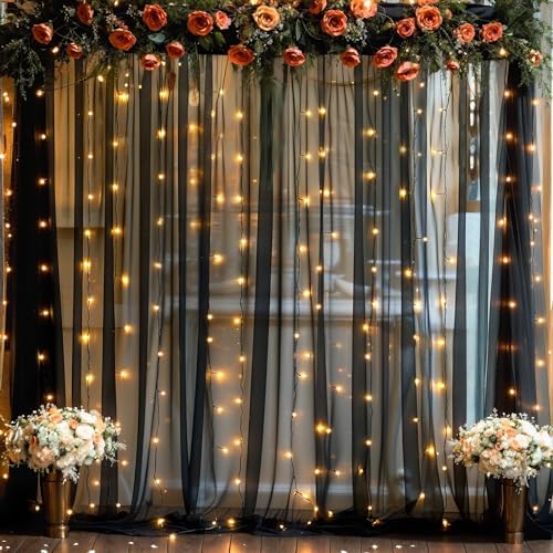 10ft x 10ft Black Tulle Photo Backdrop Curtain with Lights String for Parties Sheer Black Curtain Backdrop for Birthday Party Baby Shower Wedding Photo Booth Photography Background Decorations - Image 2