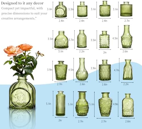Glass Bud Vases Set of 16 - Green Assorted Small Mini Glass Vases for Flowers, Crystal Vintage Vase Set, Bulk Centerpieces for Table Décor, Wedding, Home and Events (Green, 16 Pcs) - Image 7