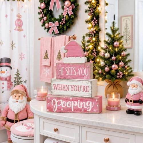 Moucuny 4 Pcs Funny Christmas Bathroom Decor Pink Santa Hat Wooden Signs - Image 4