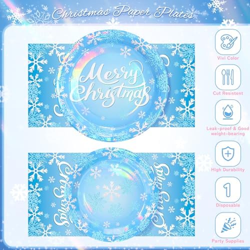 96PCS Blue Christmas Plates Napkins Forks for Party Decorations, Set of 24 Snowflakes Merry Christmas Disposable Tableware Supplies, Blue White Paper Plates for Christmas Party - Image 3