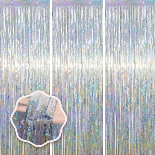 Voircoloria Laser Silver Foil Fringe Backdrop Curtains, 3.3x8.2ft, 3 Pack by Voircoloria