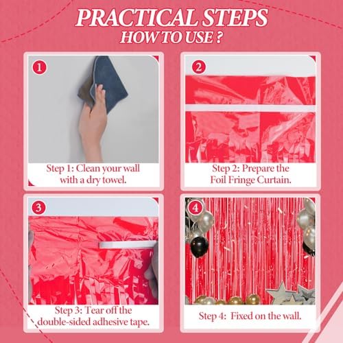 DECOCKRAT 3 Pack Foil Fringe Backdrop - Pastel Red Shiny Tinsel Curtains for Party Decoration/Photo Booth Props - 3.3x8.2 FT Metallic Foil Backdrop for Birthday, Wedding, Graduation, Christmas. - Image 3