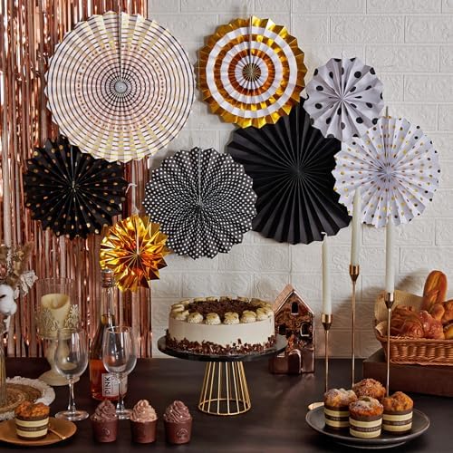 Black and Gold Decorations, Hanging Honeycomb Paper Pompoms Fan for Graduation Birthday Wedding Photo Backdrop Prom Night New Years Black and Gold Party Decorations, Set of 8 - Image 6