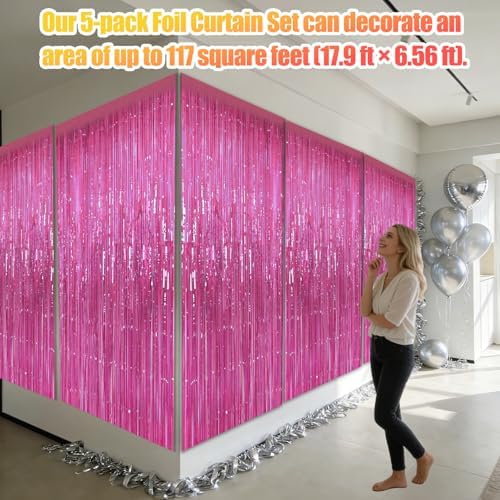 5 Pack 3.28ft x 6.56ft Lightpink Metallic Tinsel Foil Fringe Curtains, Photo Booth Backdrop Party Decorations for Birthday Wedding Baby Shower Graduation Bachelorette New Years - Image 3