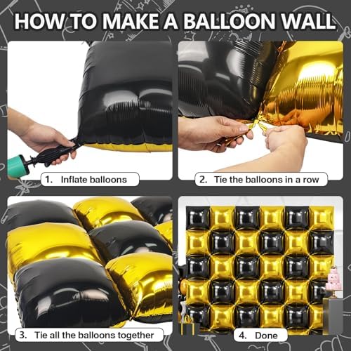 NISOCY 36PCS Black and Metallic Gold Square Foil Balloons Wall Backdrop - Image 5