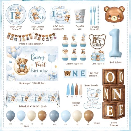 Beary First Birthday Decorations,Teddy Bear Birthday Decorations Set for First Birthday Theme Boy With Backdrop, Balloons, One High Chair Banner,Plates,Napkins,Cake Toppers,272pcs - Image 6