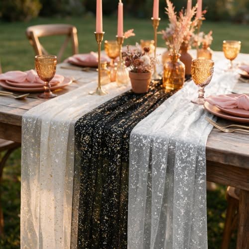 Artoid Mode 3PC Beige Black White Gauze Table Runner 120 Inch 10FT, Glitter Metallic Foil Sheer for Wedding Anniversary Holiday Birthday Home Party Decor - Image 3